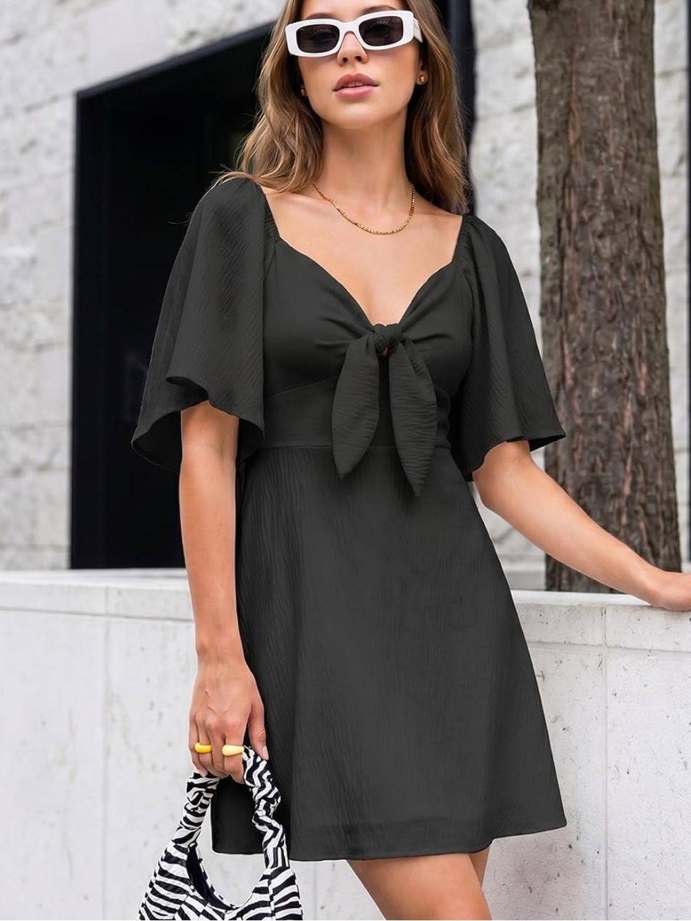 Black Tie-Front Flutter Sleeve Dress - XL